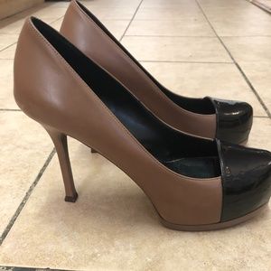 YSL cap-toe beige/dark tan heels
